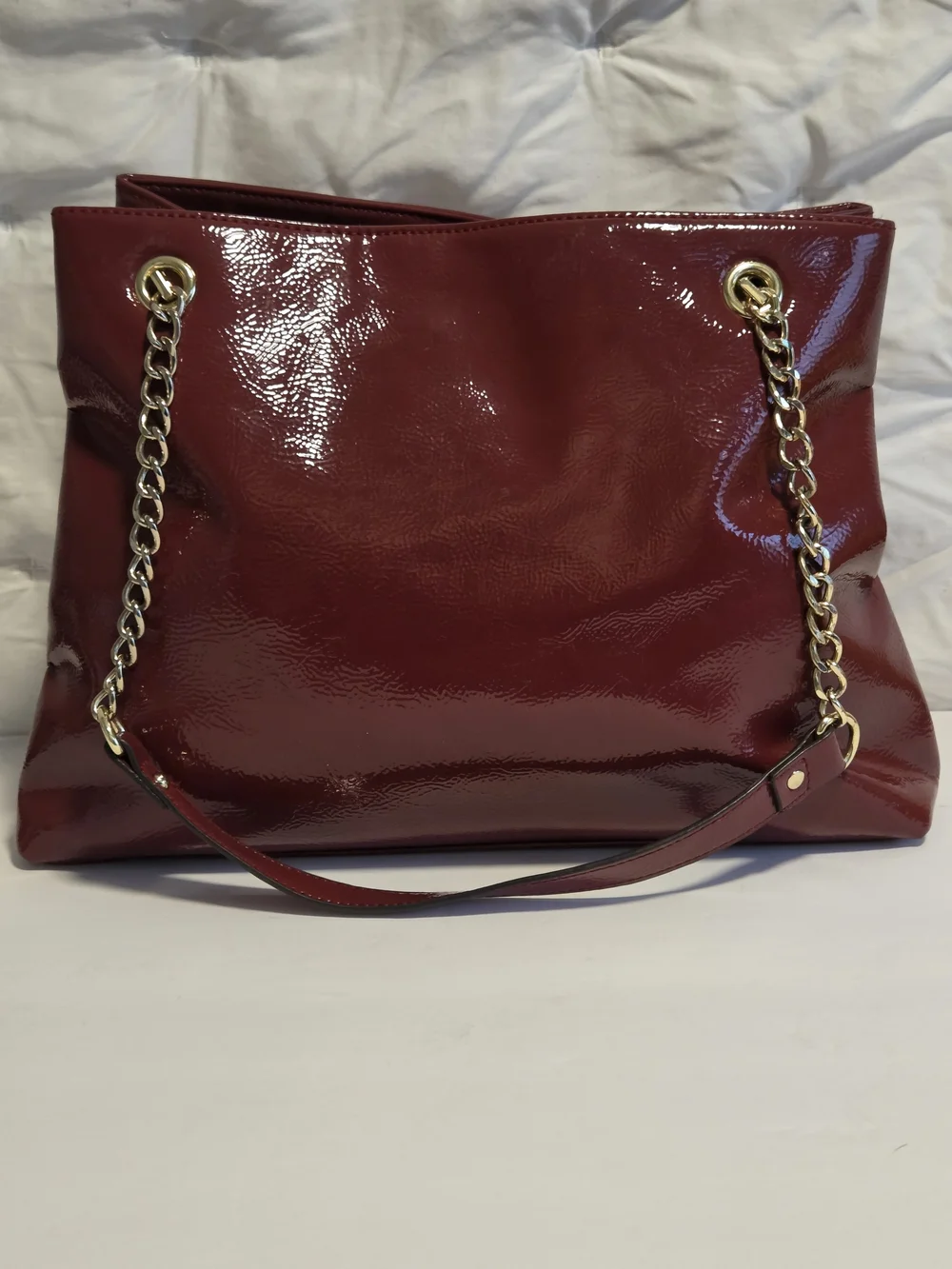 👜 Anne Klein Burgundy Patent Leather Chain Tote | Glossy Statement Shoulder Bag